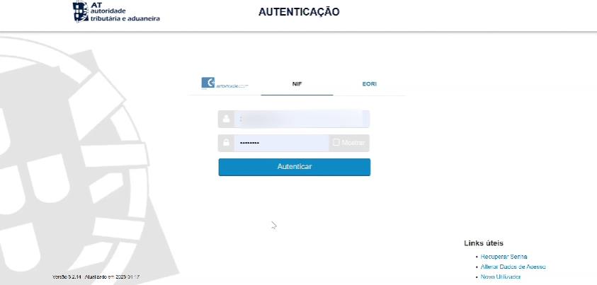 Ecrã de autenticação do Portal das Finanças, com campos para NIF e palavra-passe