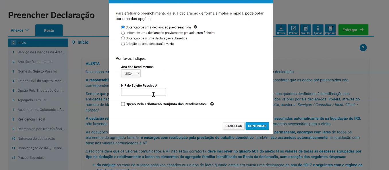 Janela para obter a declaração pré-preenchida com o campo do NIF do Sujeito Passivo A