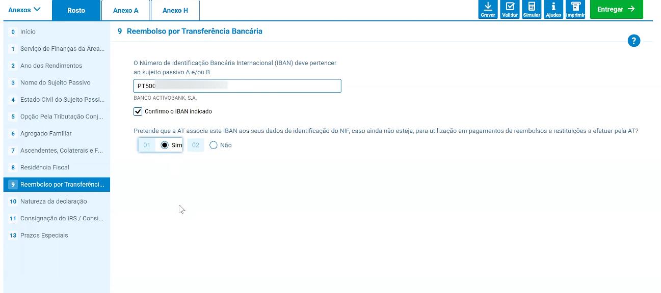Ecrã para confirmar o IBAN associado ao reembolso por transferência bancária