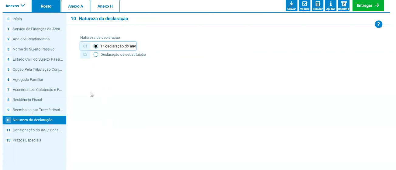 Ecrã de Natureza da declaração com as opções 1ª declaração do ano e Declaração de substituição
