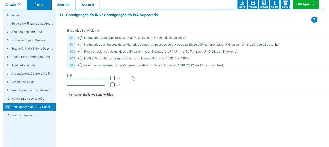 Ecrã de Consignação do IRS e Consignação do IVA Suportado com a lista de entidades beneficiárias