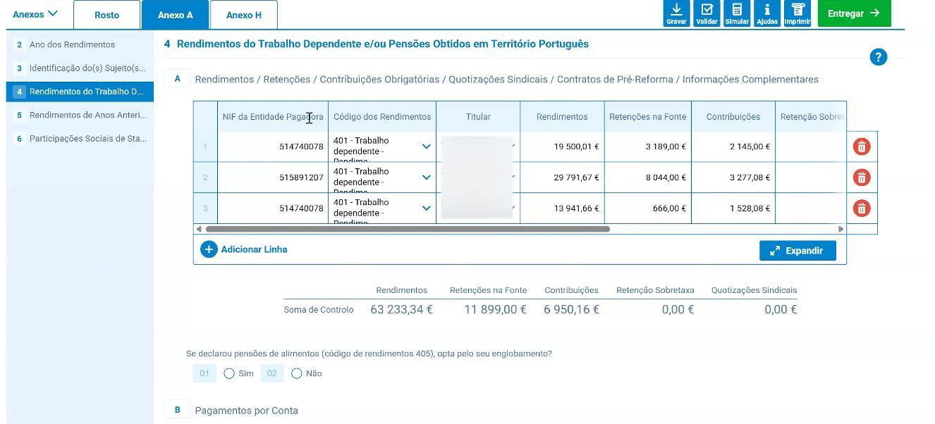 Anexo A com a tabela de rendimentos do trabalho dependente e/ou pensões obtidos em território português