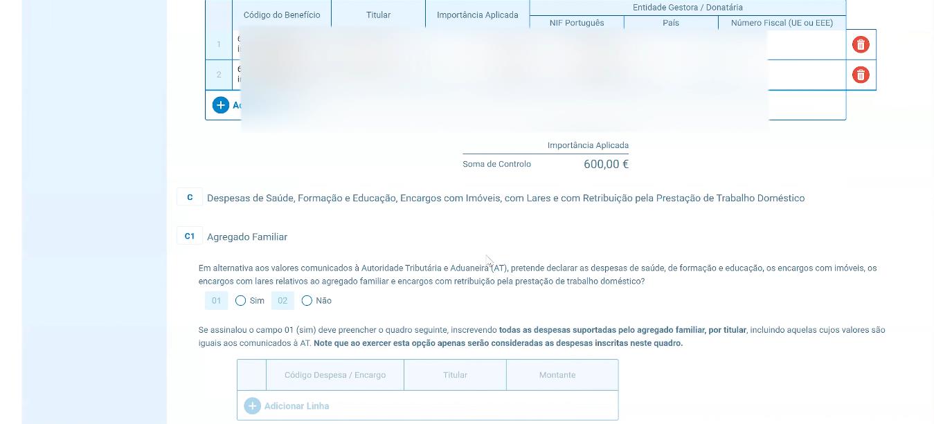 Anexo H, quadro 6-C1, despesas de saúde, formação e educação, encargos com imóveis, lares e trabalho doméstico