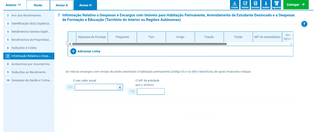Anexo H, quadro 7, informação relativa a despesas e encargos com imóveis para habitação permanente e arrendamento