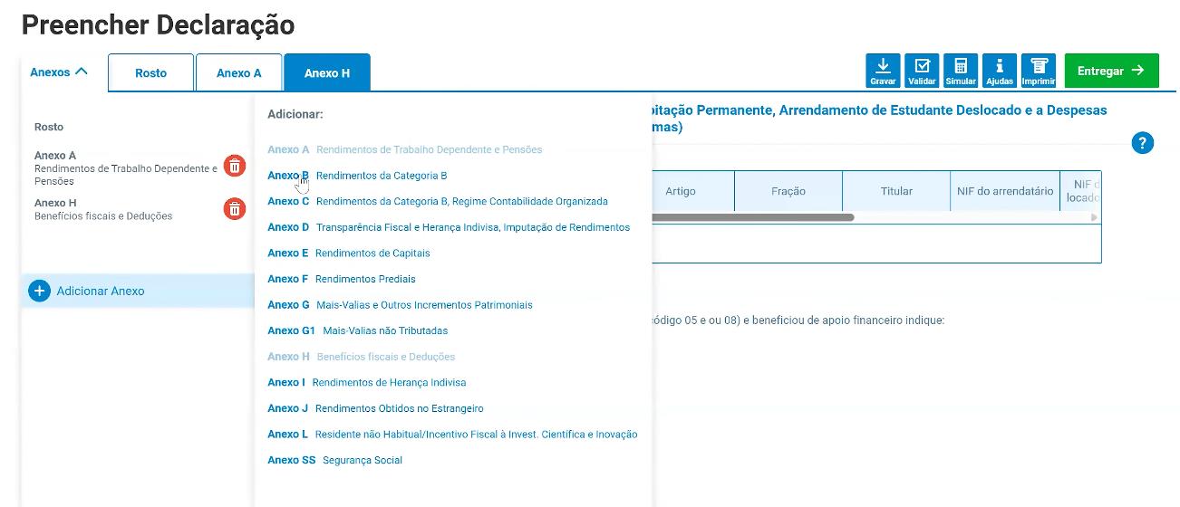 Menu Adicionar Anexo com a lista de anexos disponíveis e o Anexo B destacado