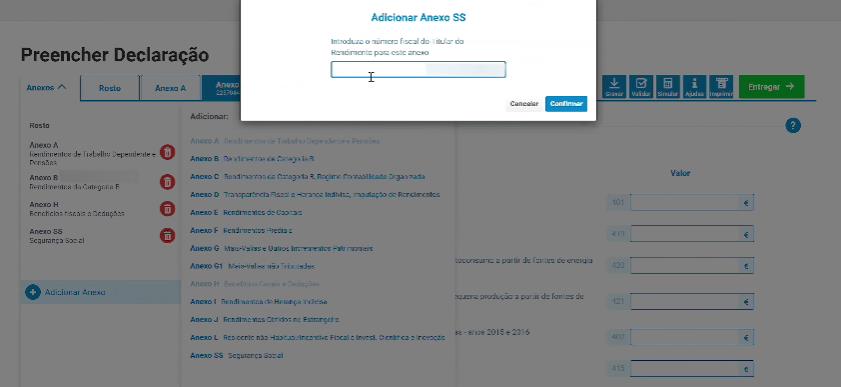 Janela Adicionar Anexo SS a pedir o número fiscal do titular do rendimento